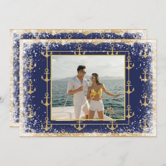 Nautical Photo Guld Blue jul Julafton Card Julkort (Fram/baksida)