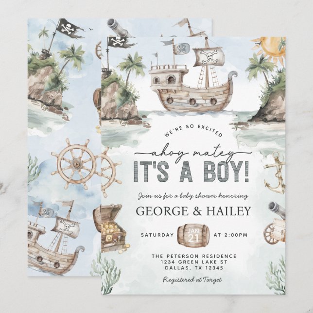 Nautical Pirat Baby Shower-inbjudan Inbjudningar (Fram/baksida)