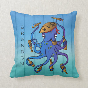 Nautical Pirat Octopus Drunk on Rum Wood Effect Kudde