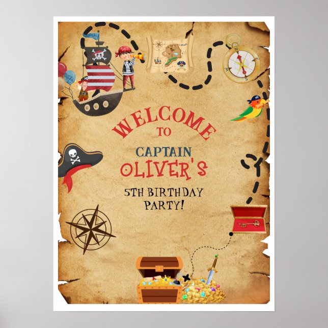 Nautical Pirat Sea Welcome Birthday Treasure Poster (Framsidan)