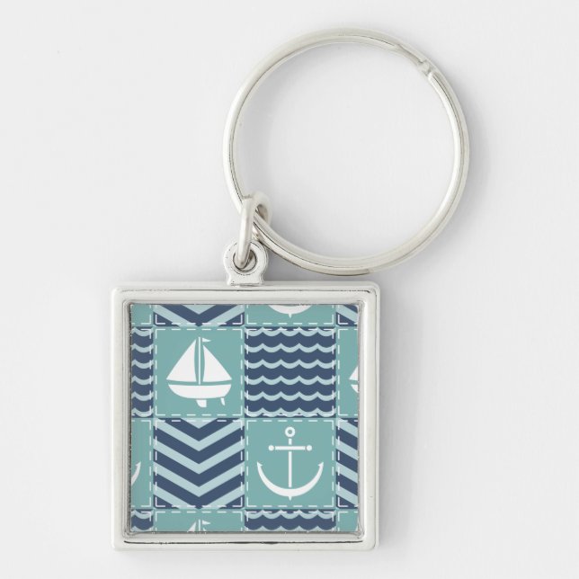 Nautical Quilt Keychain Fyrkantig Silverfärgad Nyckelring (Framsidan)