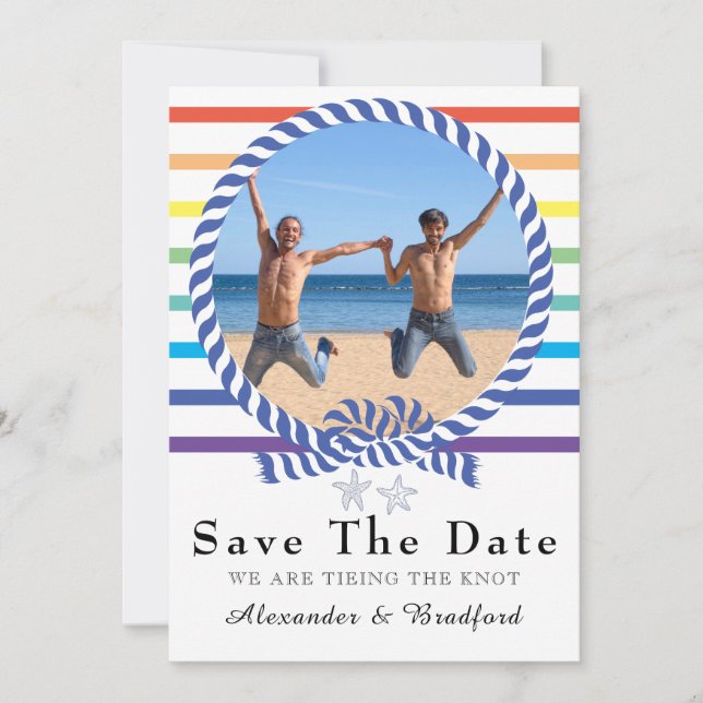 Nautical Rainbow Rand Gay Bröllop spara datum Meddelande (Framsida)