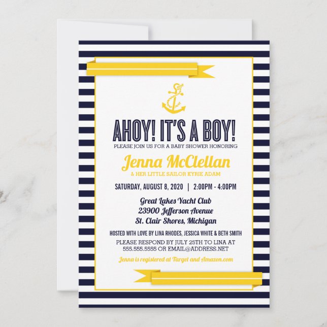 Nautical Rand Anchor Gult & Navy Baby Shower Inbjudningar (Framsida)