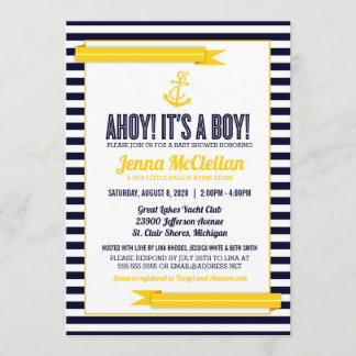 Nautical Rand Anchor Gult & Navy Baby Shower Inbjudningar