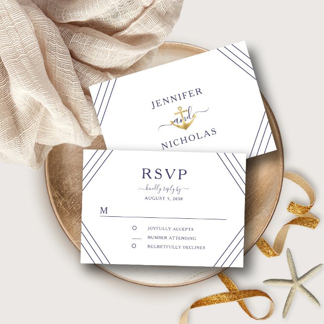 Nautical Rand Guld Anchor Bröllop OSA (Front/Back Nautical Stripes Gold Anchor Wedding RSVP)