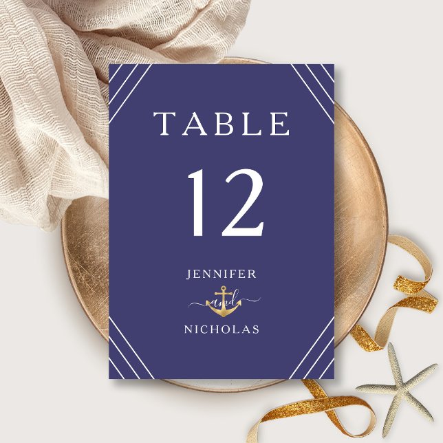 Nautical Rand Guld Anchor Navy Blue Bröllop Bordsnummer (Nautical Stripes Gold Anchor Navy Blue Wedding Table Number)