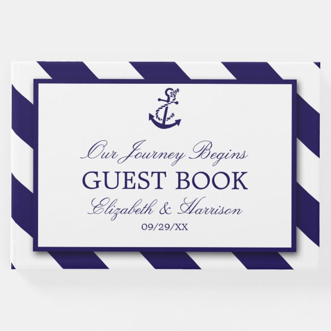 Nautical Rand & Navy Blue Anchor Bröllop Gästböcker (Framsida)