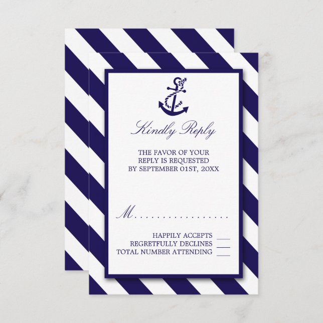 Nautical Rand & Navy Blue Anchor Bröllop OSA Kort (Fram/baksida)