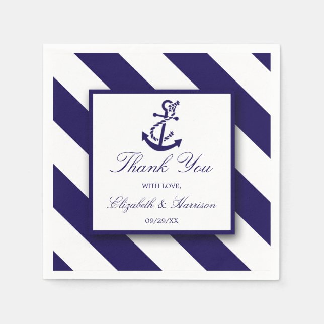 Nautical Rand & Navy Blue Anchor Bröllop Pappersservett (Framsidan)