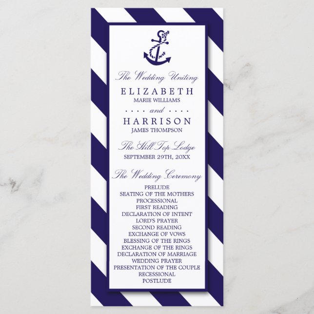 Nautical Rand & Navy Blue Anchor Bröllop Program (Framsida)