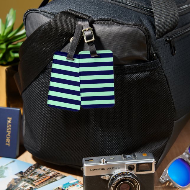 Nautical Rand Navy Blue and Mint Grönt Bagagebricka (Fram & Baksida)