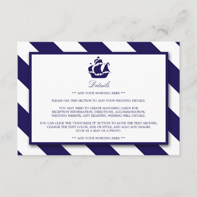 Nautical Rand & Navy Blue Frakt Bröllop Detail Tilläggskort (Framsida)