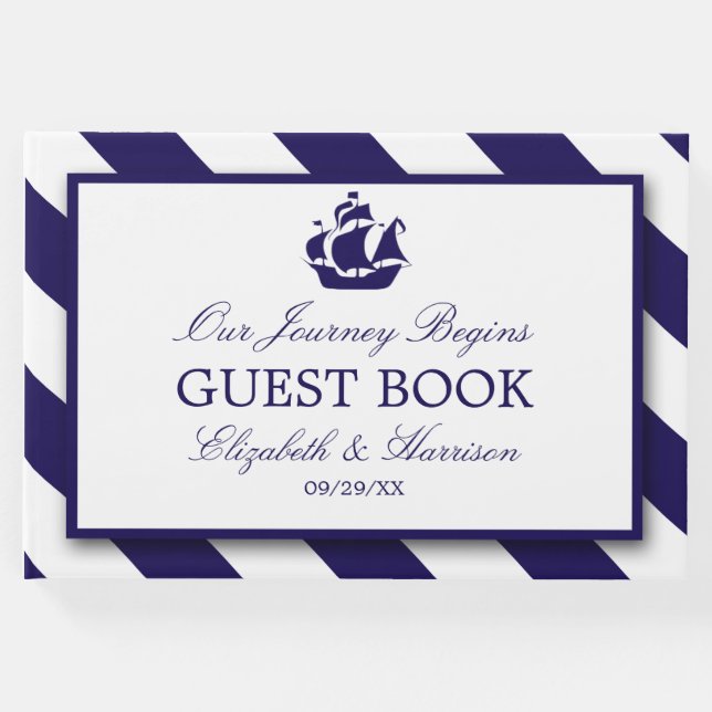 Nautical Rand & Navy Blue Frakt Bröllop Gästböcker (Framsida)