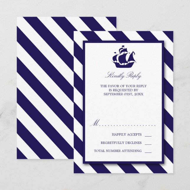 Nautical Rand & Navy Blue Frakt Bröllop OSA Kort (Fram/baksida)