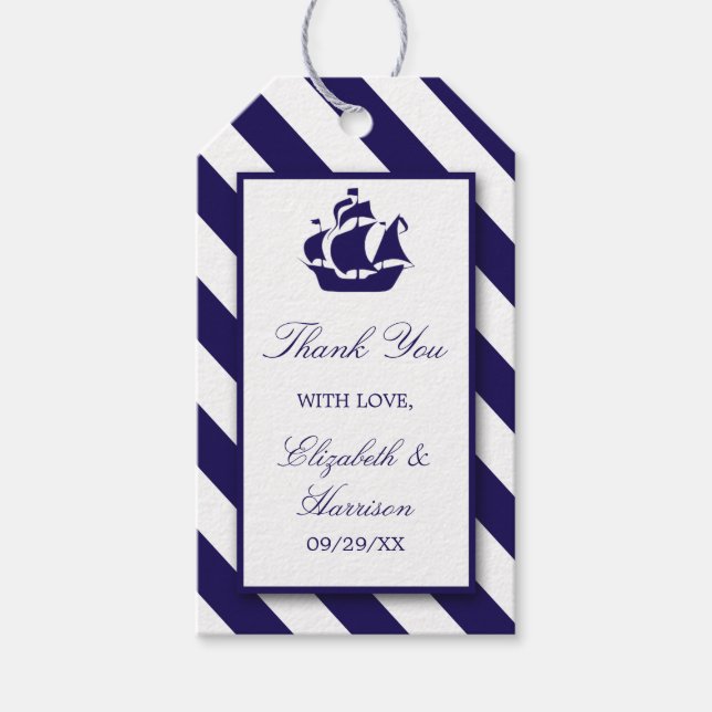 Nautical Rand & Navy Blue Frakt Bröllop Presentetikett (Framsidan)