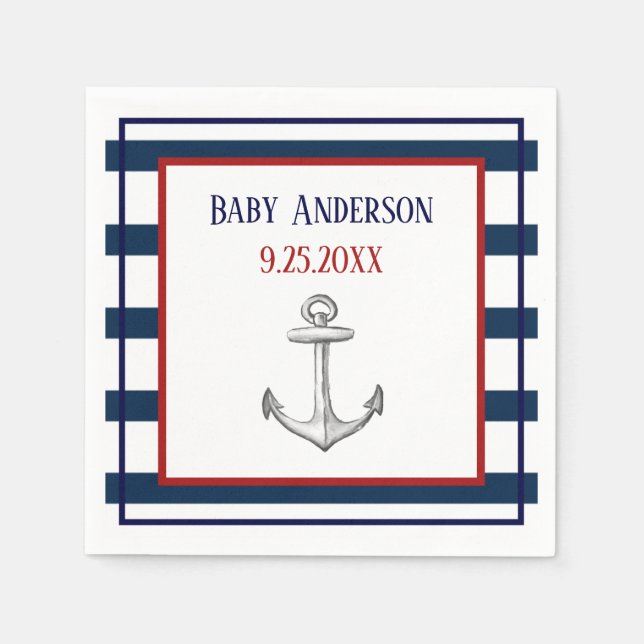 Nautical Rand och Anchor Baby Shower Pappersservett (Framsidan)