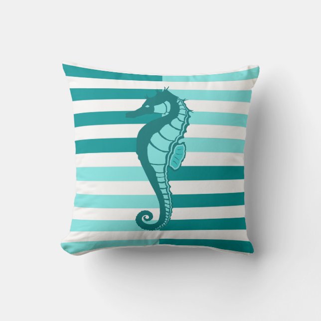 Nautical rand och seahorse - varmt Aqua Marine Kudde (Framsida)
