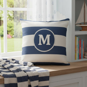 Nautical randigt vävt monogram sjöblå vit ID1248 Kudde