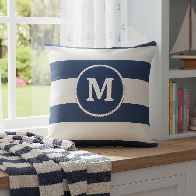 Nautical randigt vävt monogram sjöblå vit ID1248 Kudde (Skapare uppladdad)