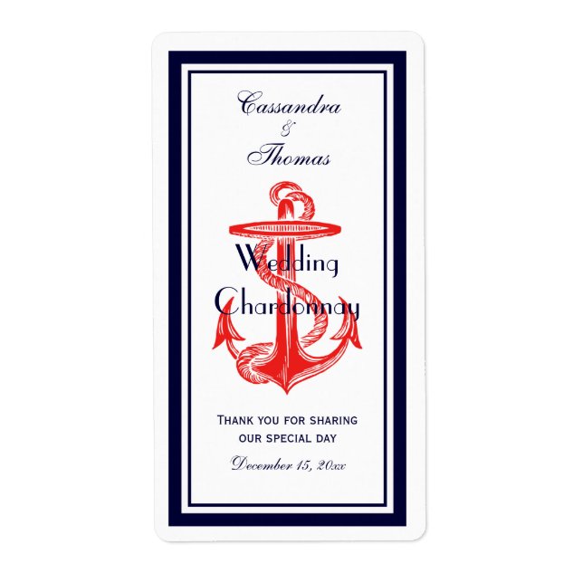 Nautical Red Anchor Navy Blue Framed V Vin Flaska Fraktsedel (Framsidan)