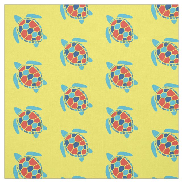 Nautical Red and Blue Sea Turtle Mönster på Gult Tyg (Provkarta)