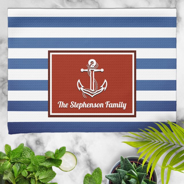 Nautical Red and Navy Stripe Personlig Kökshandduk (Skapare uppladdad)