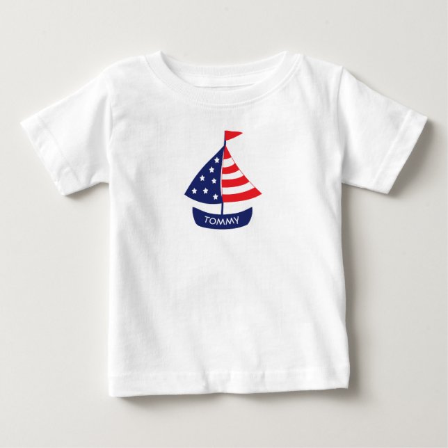 Nautical Red Blue Sailboat Personlig Namn T Shirt (Framsida)