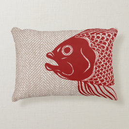 Nautical Red Fish Head & Taupe Herringbone Prydnadskudde