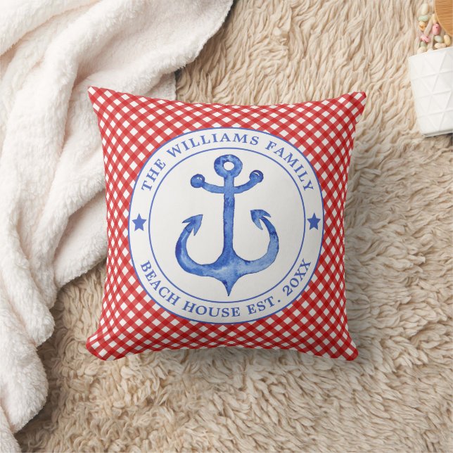 Nautical Red Gingham Mönster - Family Beach House Kudde (Filt)