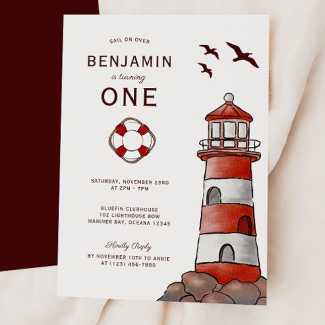 Nautical Red Lighthouse Costal 1st Birthday Inbjudningar (Skapare uppladdad)