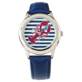 Nautical Red Lobster Monogram Blue White Rand Armbandsur