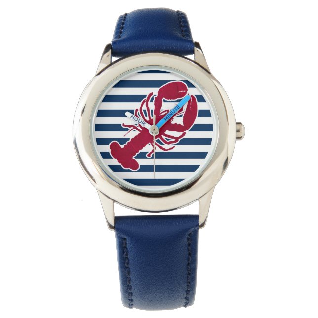 Nautical Red Lobster Monogram Blue White Rand Armbandsur (Framsida)