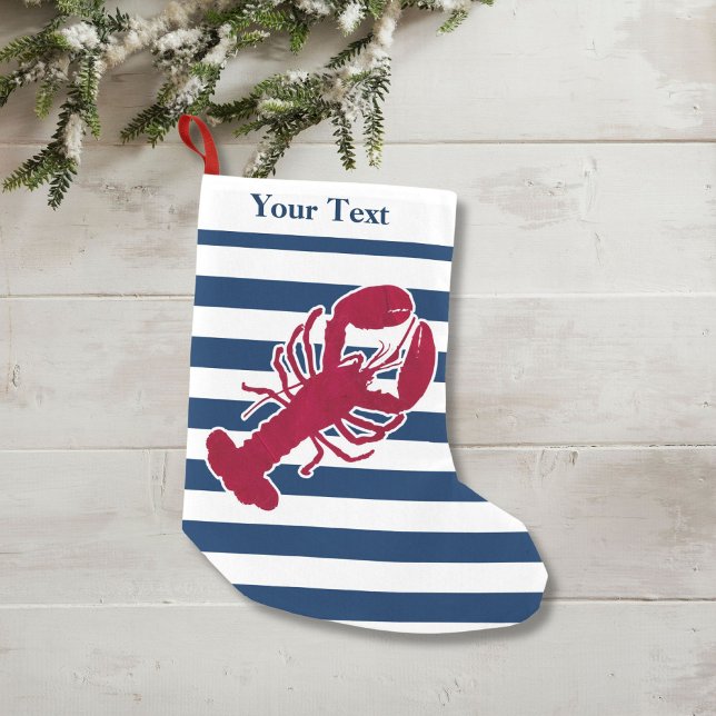 Nautical Red Lobster Monogram Blue White Rand Liten Julstrumpa (Skapare uppladdad)