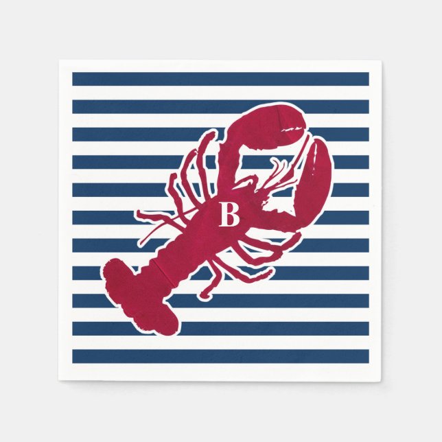 Nautical Red Lobster Monogram Blue White Rand Pappersservett (Framsidan)