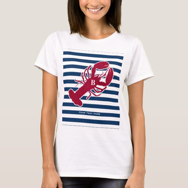 Nautical Red Lobster Monogram Blue White Rand T Shirt (Framsida)
