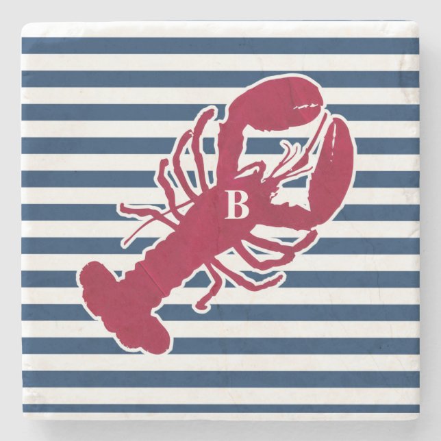 Nautical Red Lobster Monogram Blue White Rand Underlägg Sten (Framsidan)