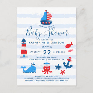 Nautical Red, White & Blue Baby Shower Vykort