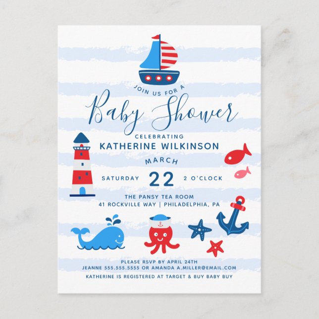 Nautical Red, White & Blue Baby Shower Vykort (Framsida)