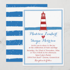 Nautical Red White Lighthouse Blue Rand Bröllop Inbjudningar