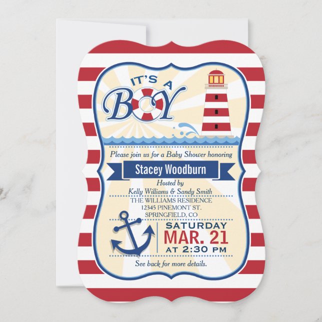 Nautical Red & White Lighthouse Boy Shower Inbjudningar (Framsida)