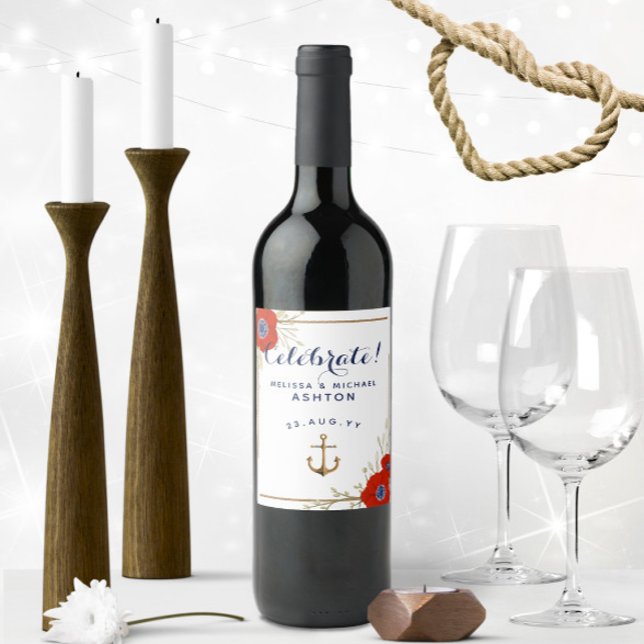 Nautical Red, White och Blue Anemones Dated Bröllo Vinflaska Etikett (Personalized Nautical Wedding Wine Labels with Red Watercolor Anemone)