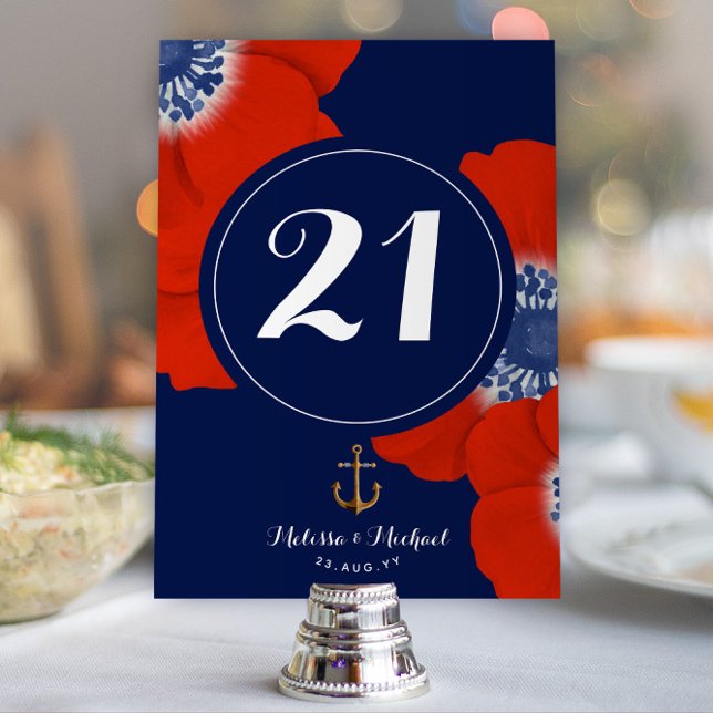 Nautical Red White och Blue Cascading Red Anemones Bordsnummer (Nautical Red, White, and Blue Event or Wedding Table Numbers with Red Anemones)