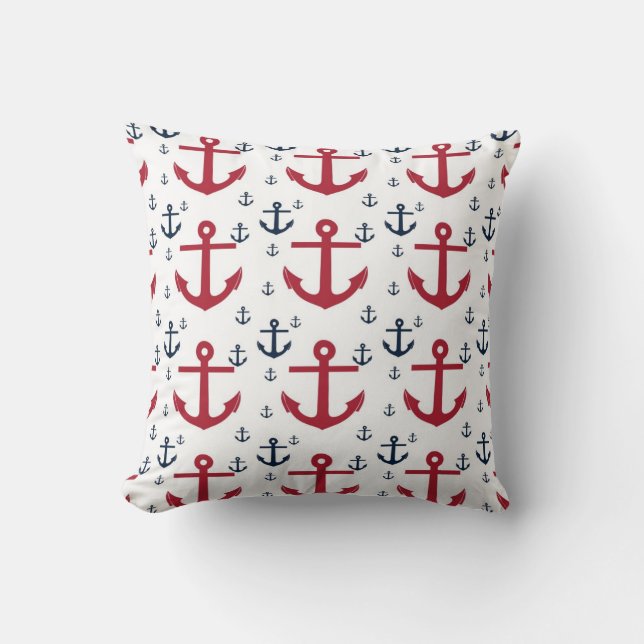 Nautical Red White och Blue Pillow med Anchors Kudde (Framsida)