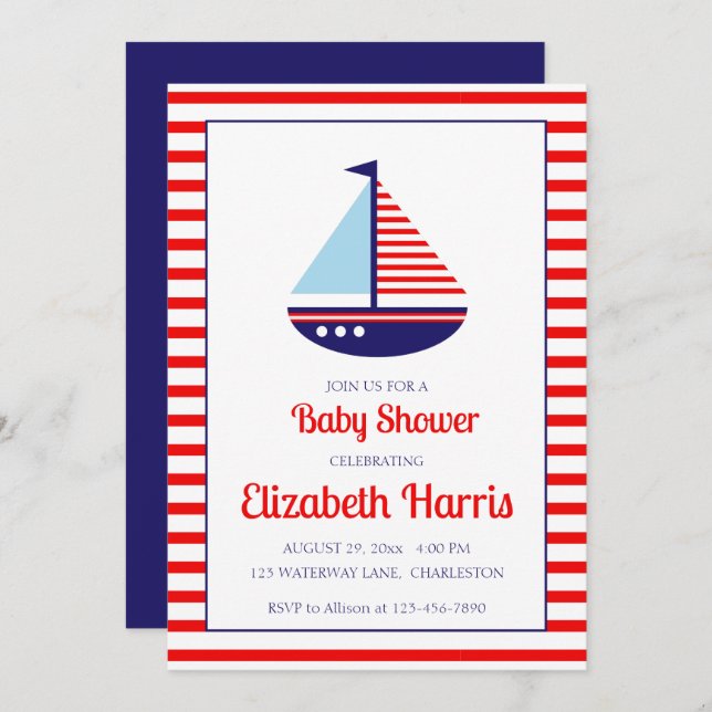 Nautical Red White och Blue Sailboat Baby Shower Inbjudningar (Fram/baksida)