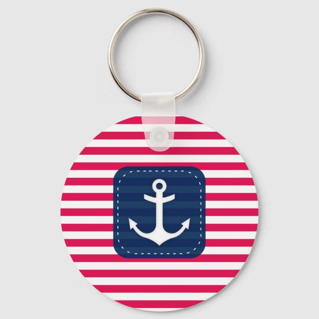 Nautical Red White Rand Navy Blue Banner Anchor Nyckelring (Framsida)