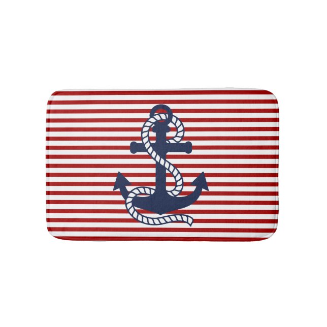 Nautical Red White Rand och Blue Anchor Badrumsmatta (Framsidan)