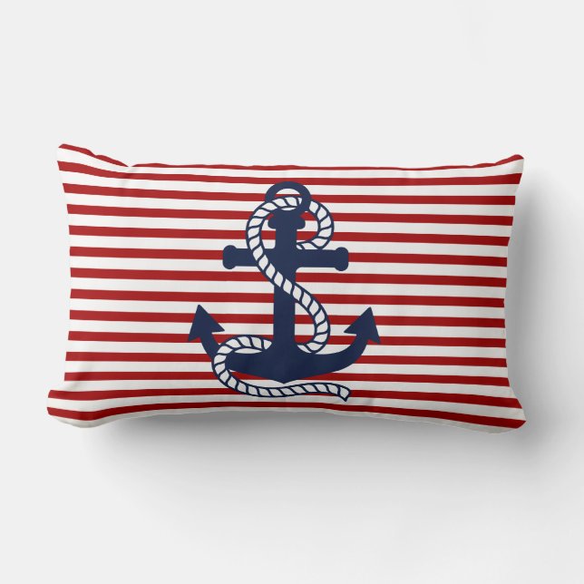 Nautical Red White Rand och Blue Anchor Lumbarkudde (Framsida)