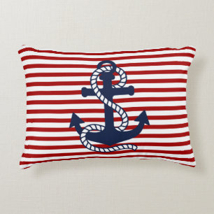 Nautical Red White Rand och Blue Anchor Prydnadskudde