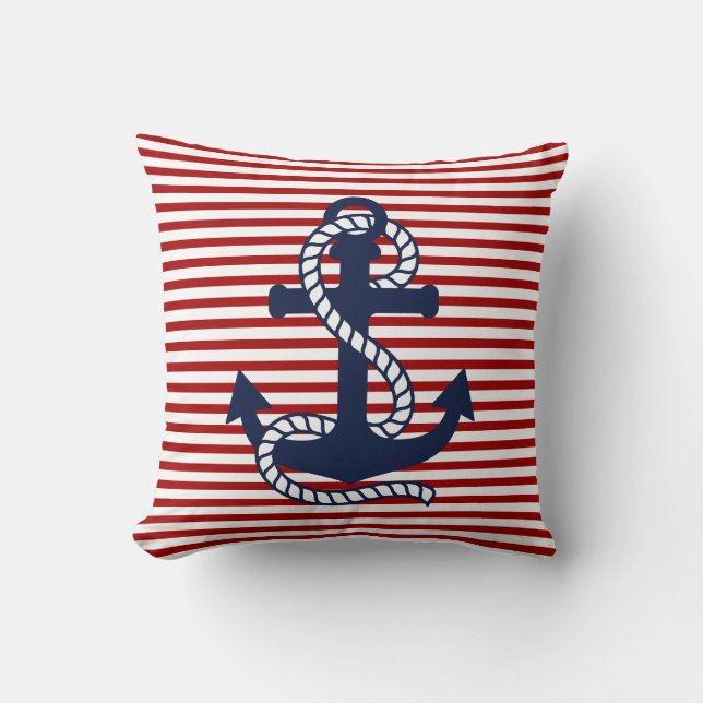Nautical Red White Rand och Red Anchor Kudde (Framsida)