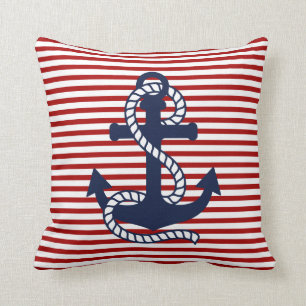 Nautical Red White Rand och Red Anchor Kudde